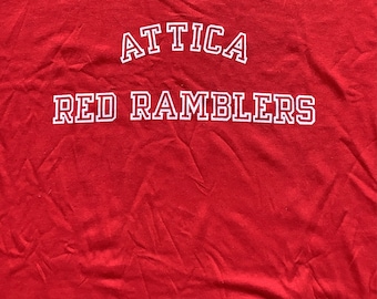 Vtg 80s Attica Red Ramblers T Shirt Single Stitch Spell Out Indiana Sports Football JERZEES By Russell Medium