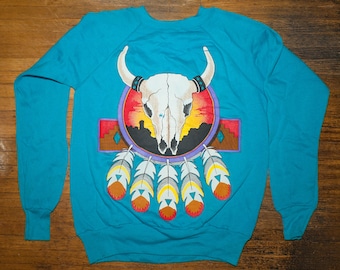 Vtg 80s Native Cow Bull Skull Crew Neck Sweatshirt Southwest New Dead stock Feathers Made In USA Medium S/M NOS
