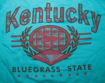 Vintage Deadstock 1980s Kentucky Crew Neck Sweatshirt Bluegrass State Spell Out New NOS Plaid Horse Racing Crest Logo Medium Small Nature