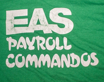 Vintage Super Screen Stars EAS Payroll Commandos T Shirt Medium Single Stitch Distressed 70s 80s 1981 Green 50/50
