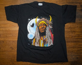 Vtg 90s Native American T Shirt Moon Single Stitch New Deadstock Eagle Feathers Chief NOS USA Small