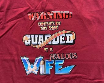 Vtg 80s Contents Of This Shirt Guarded By A Jealous Wife T Shirt Iron On Transfer Funny Novelty Maroon Small