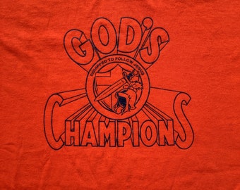 Vtg 80s God’s Champions T Shirt Single Stitch Jesus Christian JERZEES Sword Shield Cross Small