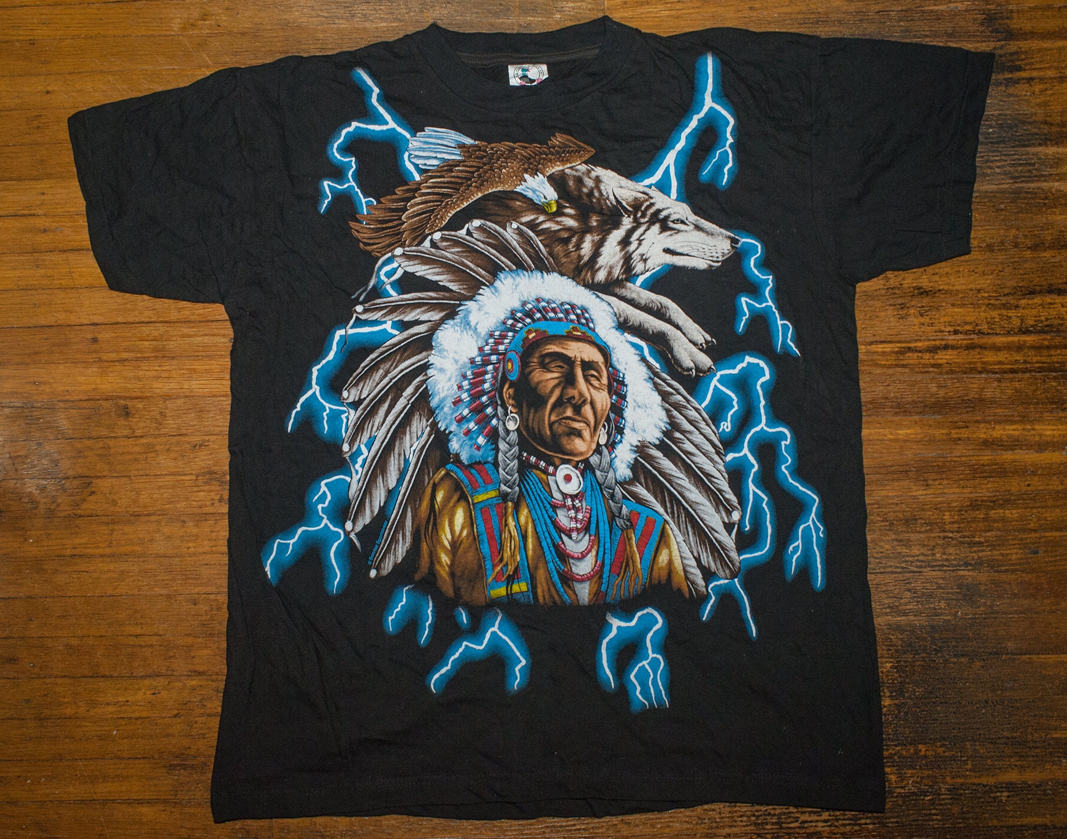 Vtg 90s Deadstock American Thunder T Shirt Native Wolf Eagle