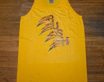 Vtg 80s Rush Glitter Iron On Tank Top T Shirt Rainbow Rock Concert Tee Band Single Stitch Swingster New NOS Small XS