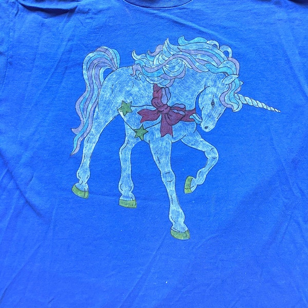 Vtg 90s Unicorn T Shirt Hand Painted Drawn Art Tee OOAK Single Stitch FOTL Distressed Large