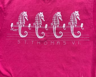 Vtg 80s 90s St. Thomas T Shirt Seahorses Art Virgin Islands Souvenir Single Stitch Cute Small