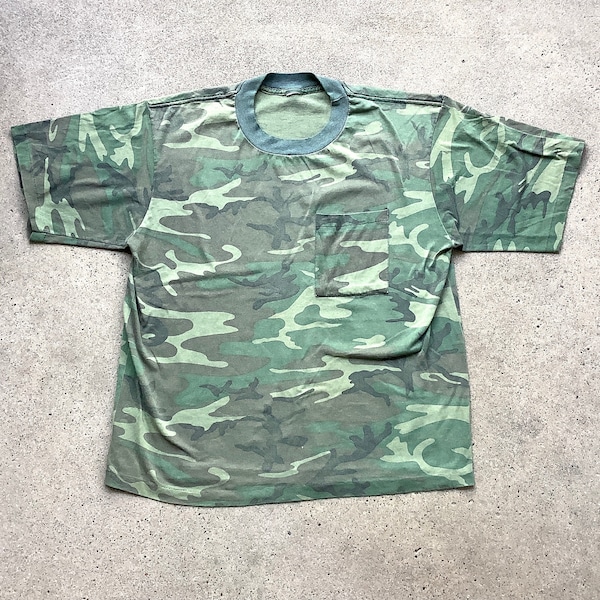 Vtg 80s Camo Camouflage T Shirt Single Stitch Army Military Lost Boys Frog Brothers Worn Faded Thin Medium