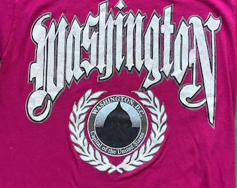 Vtg 80s 90s Washington DC T Shirt Single Stitch Script Spell Out Crest Leaves Pink Streetwear Sportswear Souvenir XS