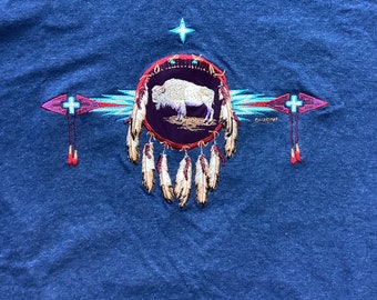 Vtg 90s Habitat Buffalo T Shirt Bison Native American Dream Catcher Feathers Southwest Embroidered Single Stitch Small
