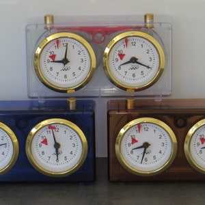 Op de afbeelding: Drie schaakklokken met doorzichtige plastic behuizingen. De bovenste klok heeft een rode hendel en een wit wijzerplaat met zwarte cijfers. De middelste klok heeft een blauwe behuizing en een wit wijzerplaat met zwarte cijfers. De onderste klok heeft een bruine behuizing en een wit wijzerplaat met zwarte cijfers.