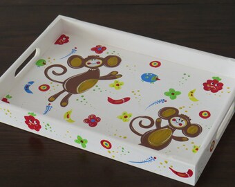 Tray wood wooden tray serving tray handpainted monkey animals