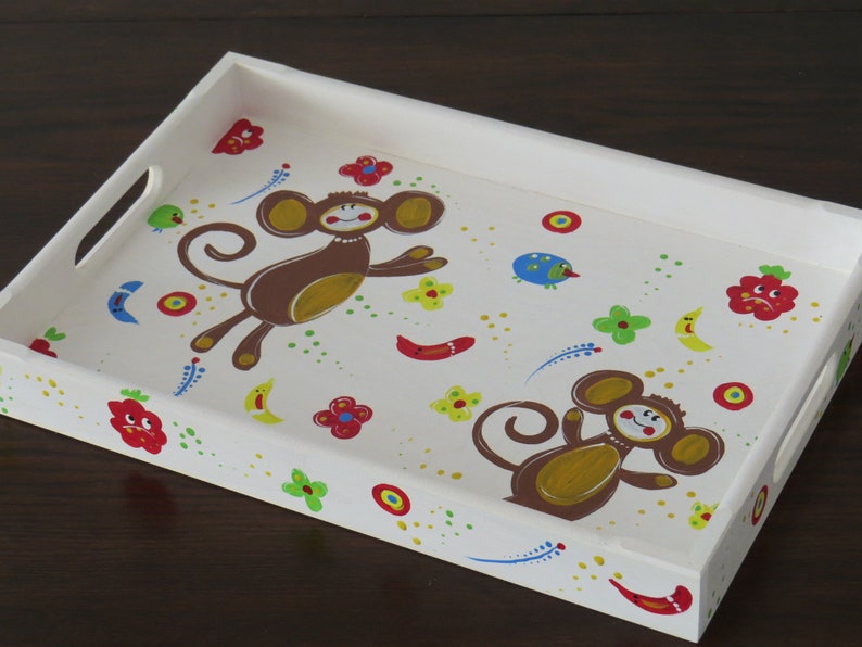 Tray wood wooden tray serving tray handpainted monkey animals image 1