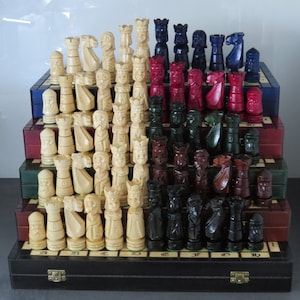 Noble big chess game 50 x 50 cm HAND CARVED NEW wood blue red green brown black