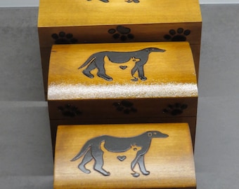 May include: Three wooden boxes with a paw print design and a silhouette of a dog carrying a smaller dog. The boxes are stacked on top of each other.