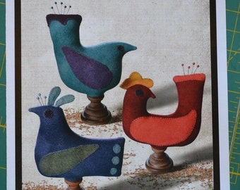 Wool Applique Penny Rug e-Pattern pdf PEEPIN' KEEPERS BIRD Pin Cushions Digital Download Wool Birds Spring Needle Minders - 3 Designs!!!