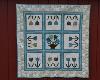 Wool Applique Penny Rug e-Pattern pdf MINT TULIPS Wool Quilt Hand-Dyed Wool Tulips Digital Download Basket Flower 60" x 60" Spring Pastel