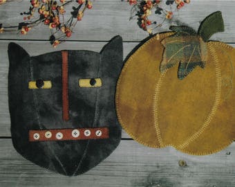 Wool Applique Pattern PUMPKIN and BOO KITTY e-Pattern pdf Penny Rug Two Designs Pumpkin Black Cat Halloween Fall