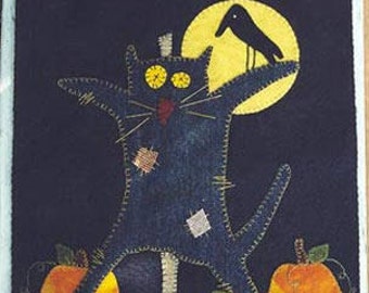 Wool Applique e-Pattern pdf SCARED STIFF Penny Rug Pattern Black Cat Moon Scarecrow Crow Pumpkin Halloween Fall Autumn