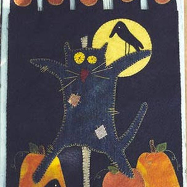 Wool Applique e-Pattern pdf SCARED STIFF Penny Rug Pattern Black Cat Moon Scarecrow Crow Pumpkin Halloween Fall Autumn