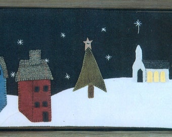 Wool Applique Penny Rug e-Pattern pdf ALL IS CALM Winter Snow Village with Church, Stars, Christmas Tree Runner Digital e-Pattern