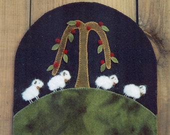 Wool Applique Penny Rug e-Pattern pdf ONE BY ONE Digital Download Needle Felted Sheep Walking on Hill by Folk Art Tree Wool Penny Rug