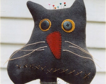 Primitive Wool Cat Make Do e-Pattern Cat Kitty Black Cat on Antique Bobbin Pin Keeper Pin Cushion