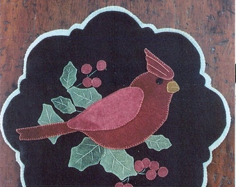 Primitive Wool Penny Rug e-Pattern pdf Winter Cardinal Sitting on a Holly Branch