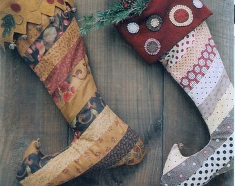Wool Applique e-Pattern pdf FAT QUARTER STOCKINGS Christmas Stockings Fat Quarter Fabric with Wool Toppers Digital Download - 2 Stockings
