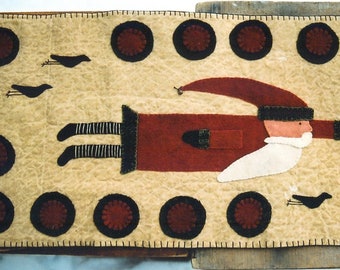 Wool Applique Penny Rug E-Pattern Digital Download pdf KEEPING UP with SANTA Christmas Crows Runner Tea Stained Muslin Pennies