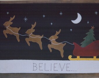 Wool Applique Penny Rug e-Pattern pdf Long Wool Runner BELIEVE REINDEER SLEIGH Digital Download Holiday Winter Holiday Christmas Tree Stars