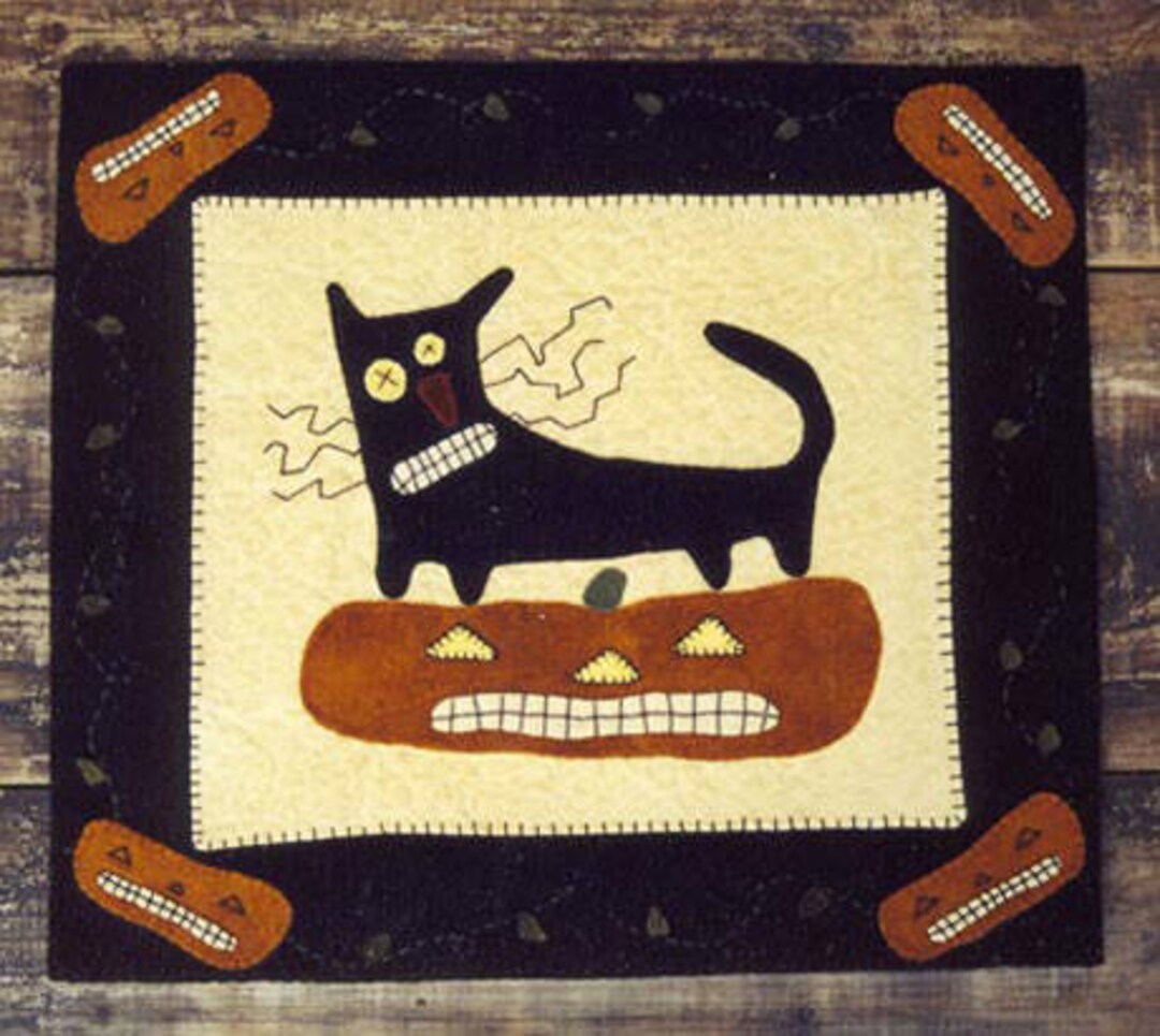 Wool Applique E-pattern Pdf WHISKERS the CAT & PUMPKIN Penny Rug Black ...