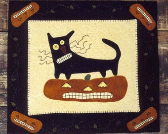 Wool Applique e-Pattern pdf WHISKERS the CAT & PUMPKIN Penny Rug Black Cat Pumpkin Primitive Jack-o-Lantern