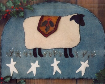 Wool Applique Penny Rug e-Pattern pdf SNOW BERRIES SHEEP Digital Download Wool Sheep with Stars and Holly Blanket Blue Wool Snow Berries