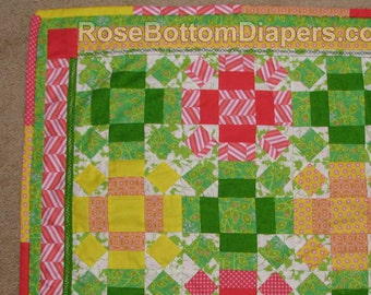 handmade quilt, soft minky, add personalized monogram, baby girl blanket, pink yellow green chevron polka dots flowers, baby girl gift