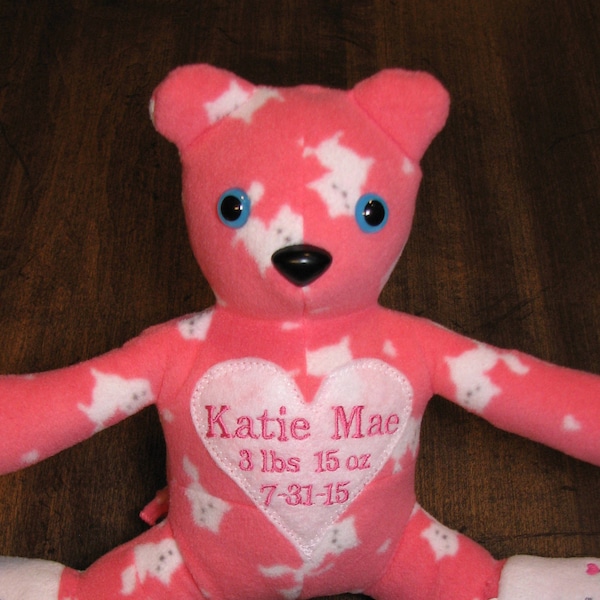 custom embroidery, personalize name on memory bear made out of baby's pajamas, keepsake teddy bear memory stuffed animal personalized animal