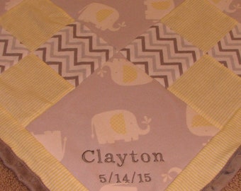 elephant quilt, personalized minky baby blanket, monogram baby gifts, gray yellow elephant nursery, baby's name on blanket, gender neutral