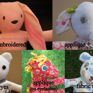 May include: A collection of handmade stuffed animal toys, including a pink bunny with embroidered details, a white elephant with applique and eyelashes, a white bear with safety eyes, a red horse with applique, and a bear with fabric marker designs.