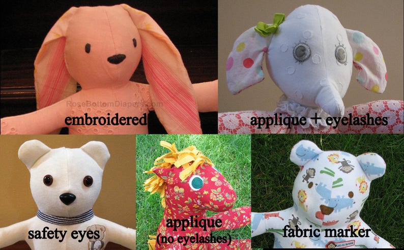 May include: A collection of handmade stuffed animal toys, including a pink bunny with embroidered details, a white elephant with applique and eyelashes, a white bear with safety eyes, a red horse with applique, and a bear with fabric marker designs.