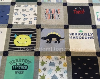 clothes quilt made from t-shirts or baby clothes, medium lap quilt, memory quilt, throw quilt, personalize with name, handprint monogram