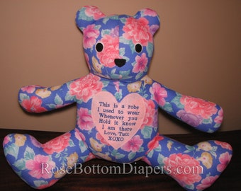 14" memory bear made out of pajamas, adult clothing, keepsake teddy bear, memory stuffed animal, personalized stuffed animal, grief gift