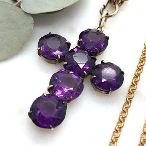 Victorian Amethyst Paste Cross Pendant Necklace: Antique Rolled Gold Chain