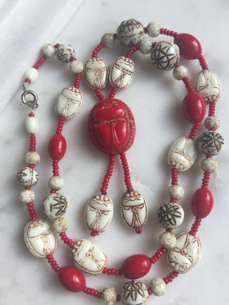 Vintage Czech Neiger Egyptian Rival Scarab Glass Beads Necklace
