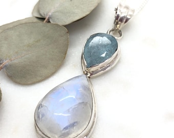 天然レインボームーンストーン＆アクアマリン ラフ925シルバー