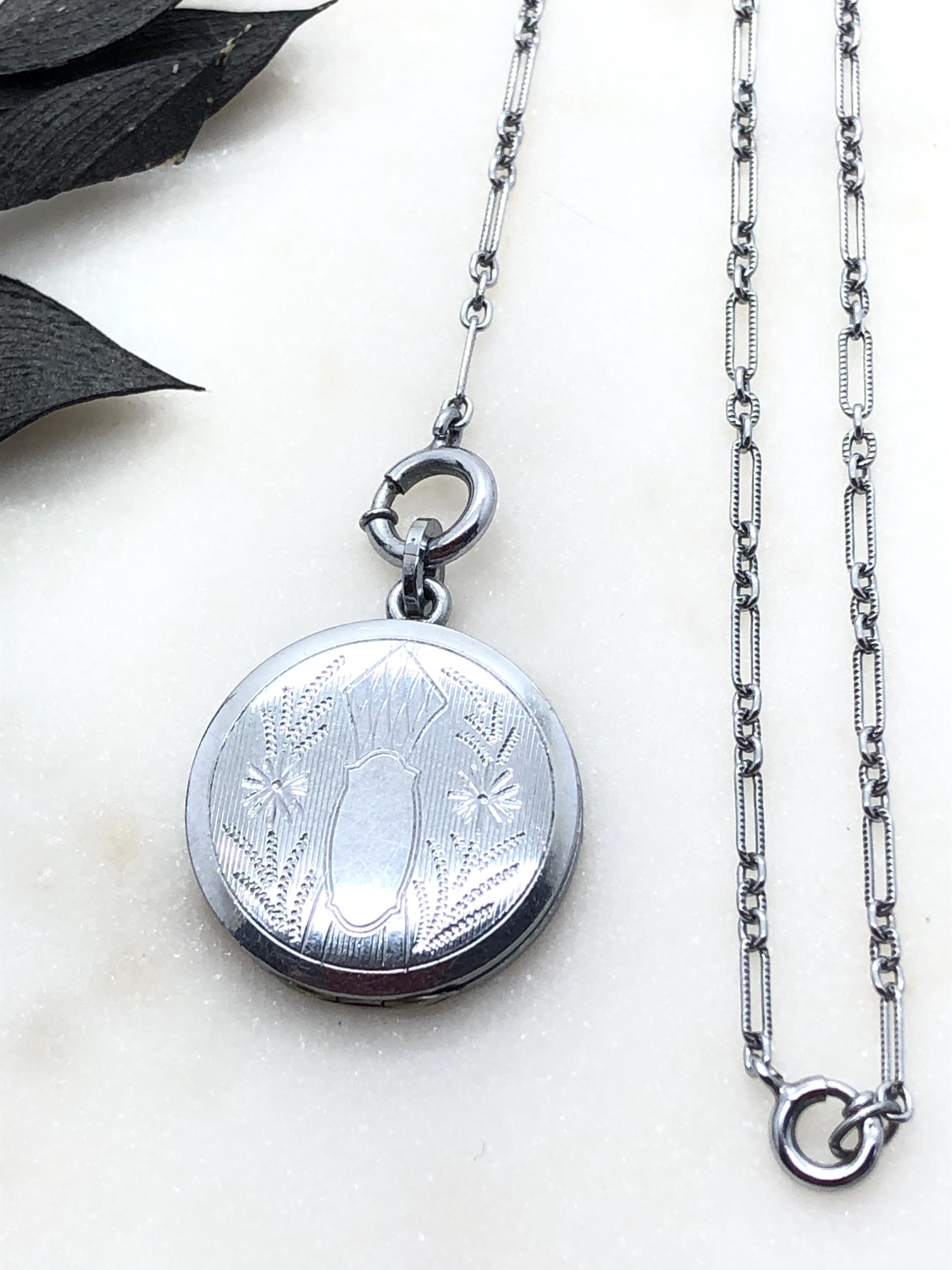 Art Deco Chrome Locket Pendant Lavaliere Necklace