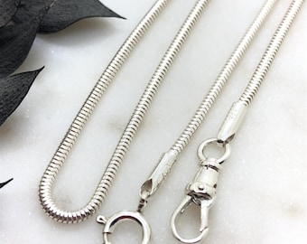 Sterling Silver 20 Inch Snake Chain Necklace | Double Clasp Watch Chain Style Necklace
