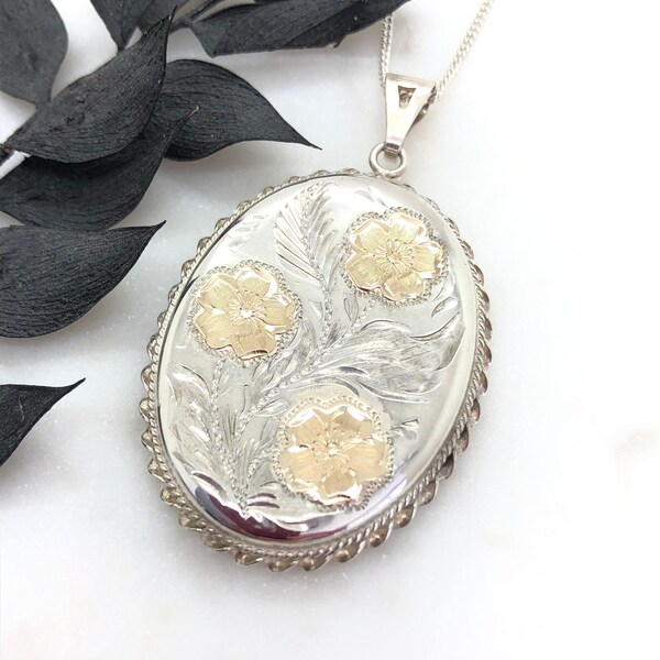 Large Vintage Sterling Silver & Gold Flower Locket Pendant Necklace