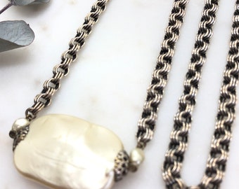 Vintage Art Deco French Louis Rousselet Glass Faux Pearl & Chain Long Necklace