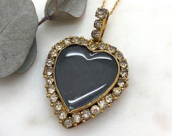Antique Victorian Rolled Gold Glass & Paste Heart Locket Pendant