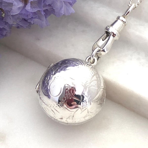 Vintage Sterling Silver Engraved Ball Locket Fob Pendant Necklace